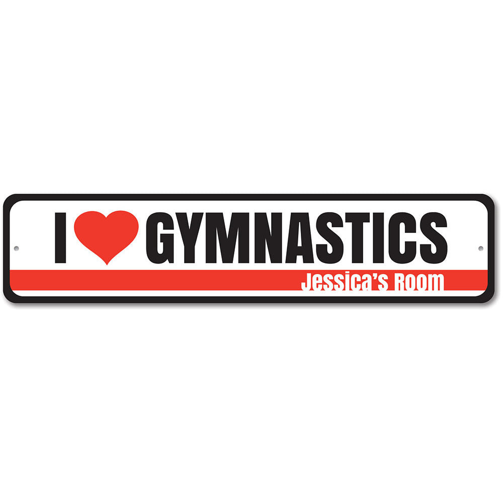 Customizable gymnastics sign made of durable aluminum, featuring vibrant colors and pre-drilled holes for easy mounting.