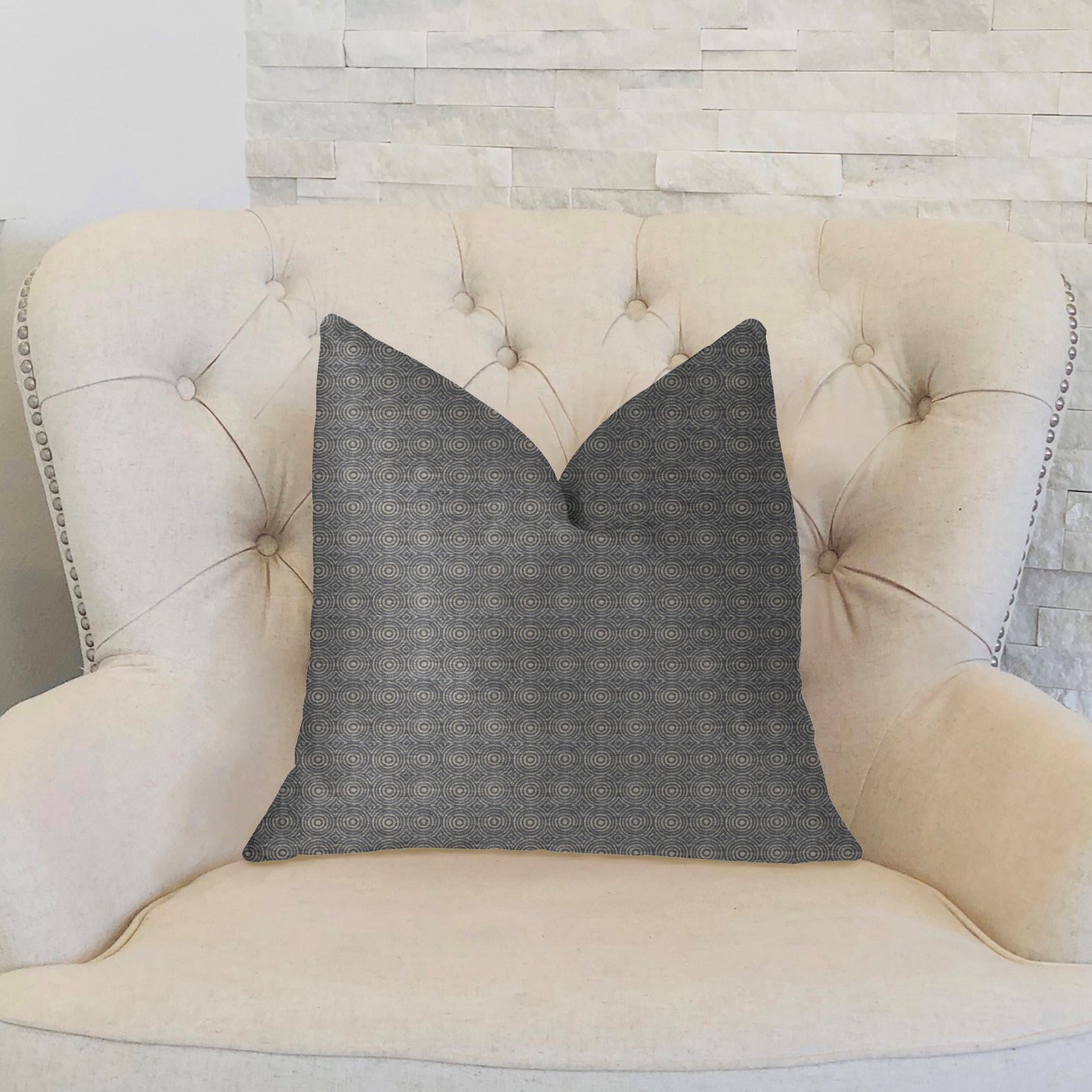 Halo Knights Blue and Gray Luxury Throw Pillow featuring a geometric pattern, handmade in the USA with an invisible zipper and hypoallergenic fill.