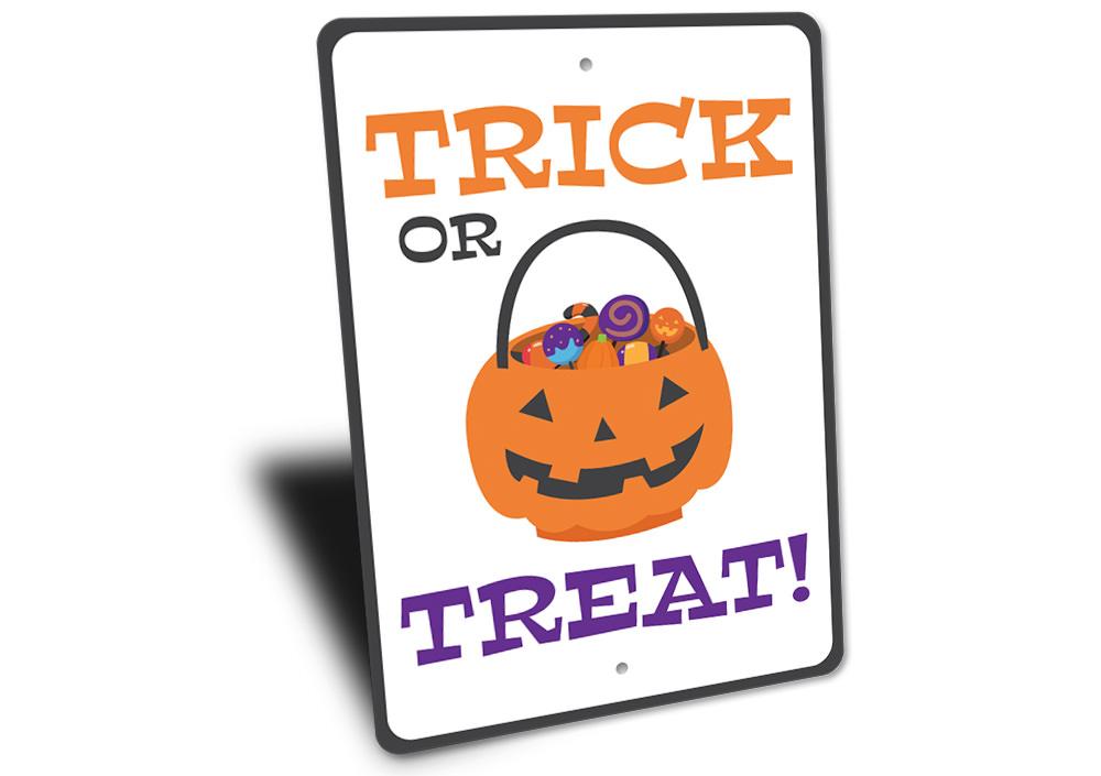 A decorative Halloween Candy Bowl Sign made of aluminum, featuring spooky designs perfect for Halloween decor.