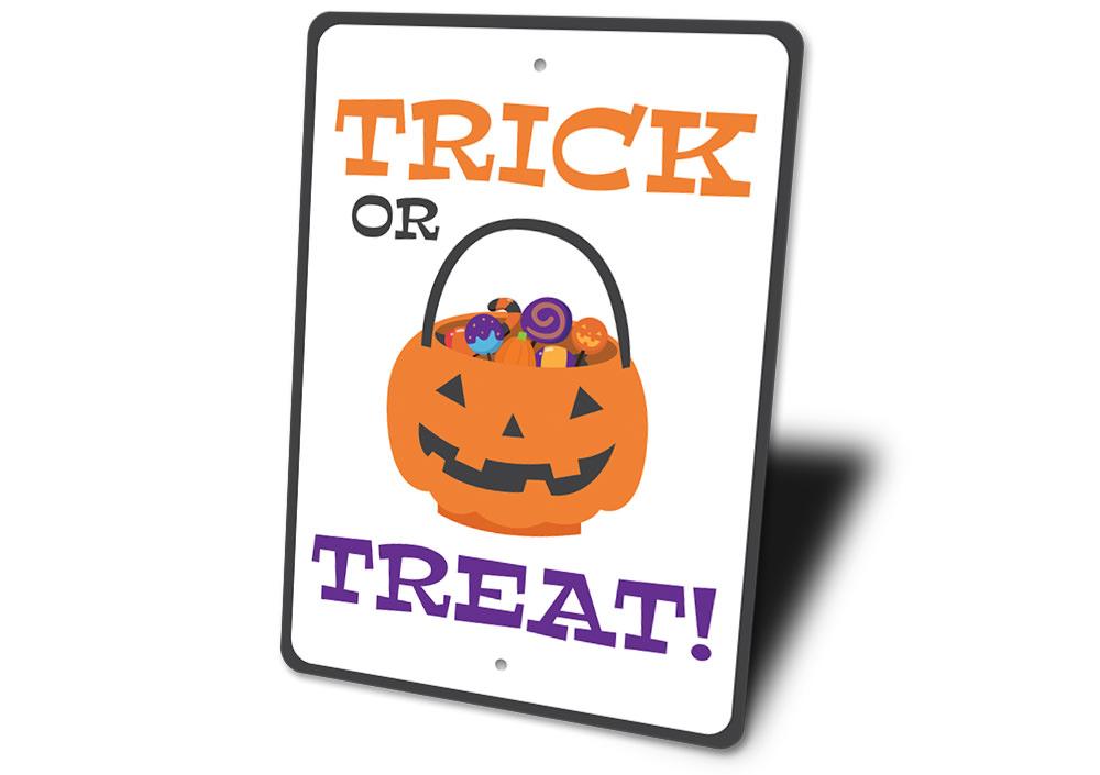 A decorative Halloween Candy Bowl Sign made of aluminum, featuring spooky designs perfect for Halloween decor.