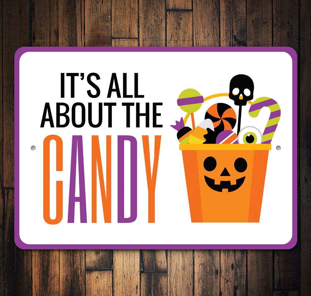 A decorative Halloween Candy Sign made of aluminum, featuring spooky designs perfect for Halloween decor.