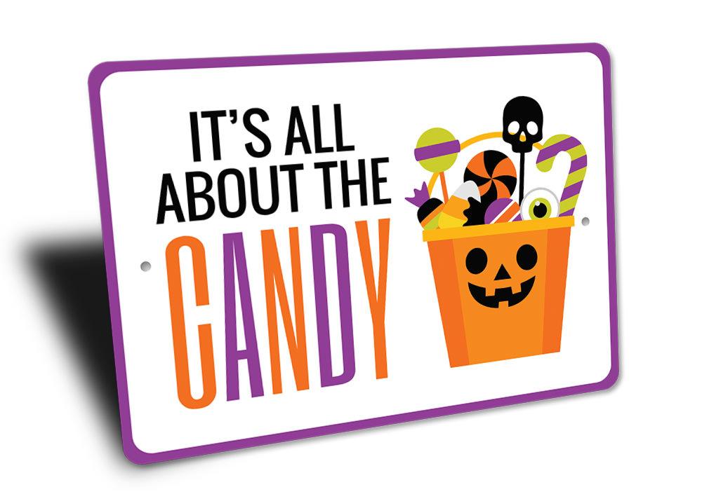 A decorative Halloween Candy Sign made of aluminum, featuring spooky designs perfect for Halloween decor.