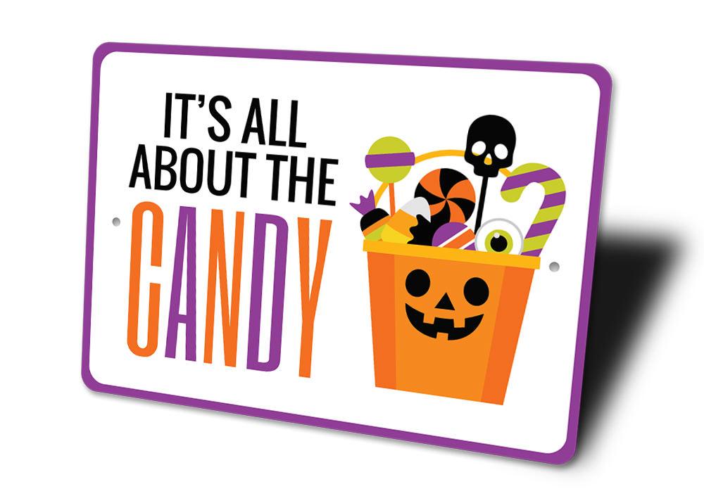 A decorative Halloween Candy Sign made of aluminum, featuring spooky designs perfect for Halloween decor.