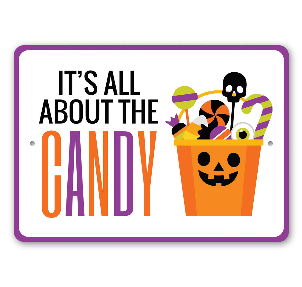 A decorative Halloween Candy Sign made of aluminum, featuring spooky designs perfect for Halloween decor.