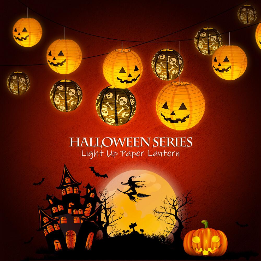 Battery operated round paper lantern ball light in warm white and multicolor, perfect for Halloween decor.