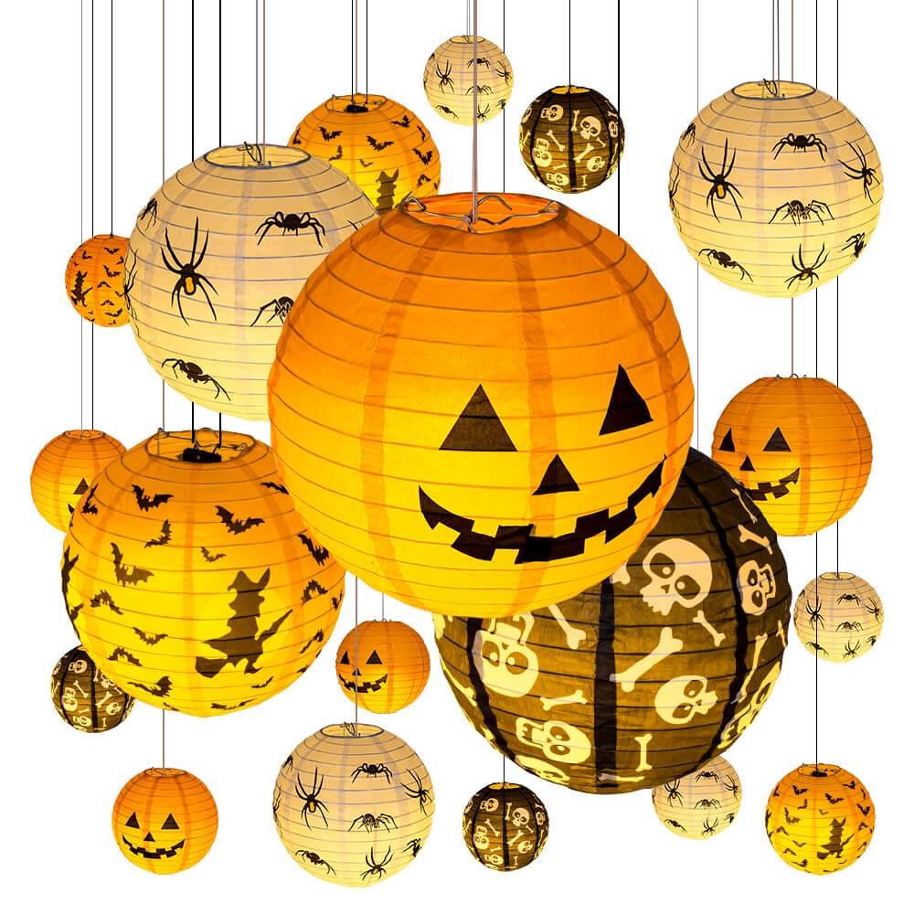 Battery operated round paper lantern ball light in warm white and multicolor, perfect for Halloween decor.