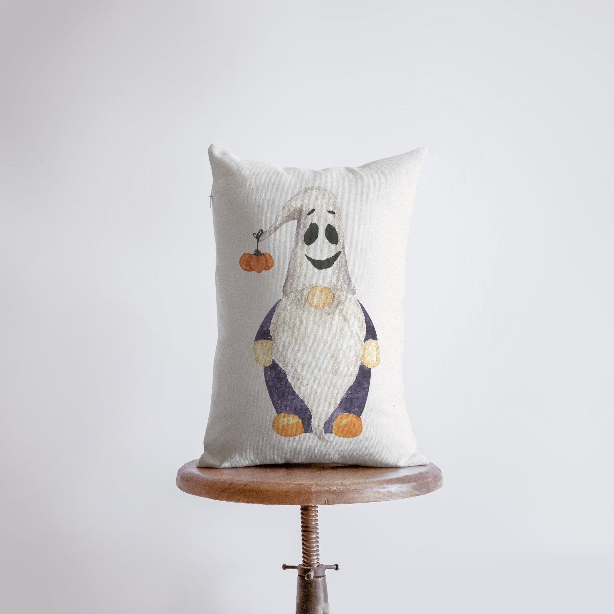 Halloween Gnome Ghost Hat Pillow cover featuring a whimsical gnome in a ghost hat on a white background, perfect for festive decor.