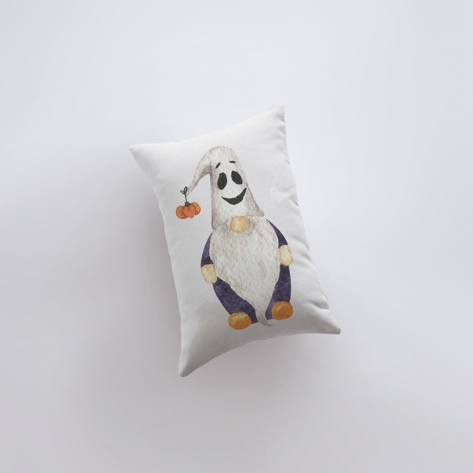 Halloween Gnome Ghost Hat Pillow cover featuring a whimsical gnome in a ghost hat on a white background, perfect for festive decor.