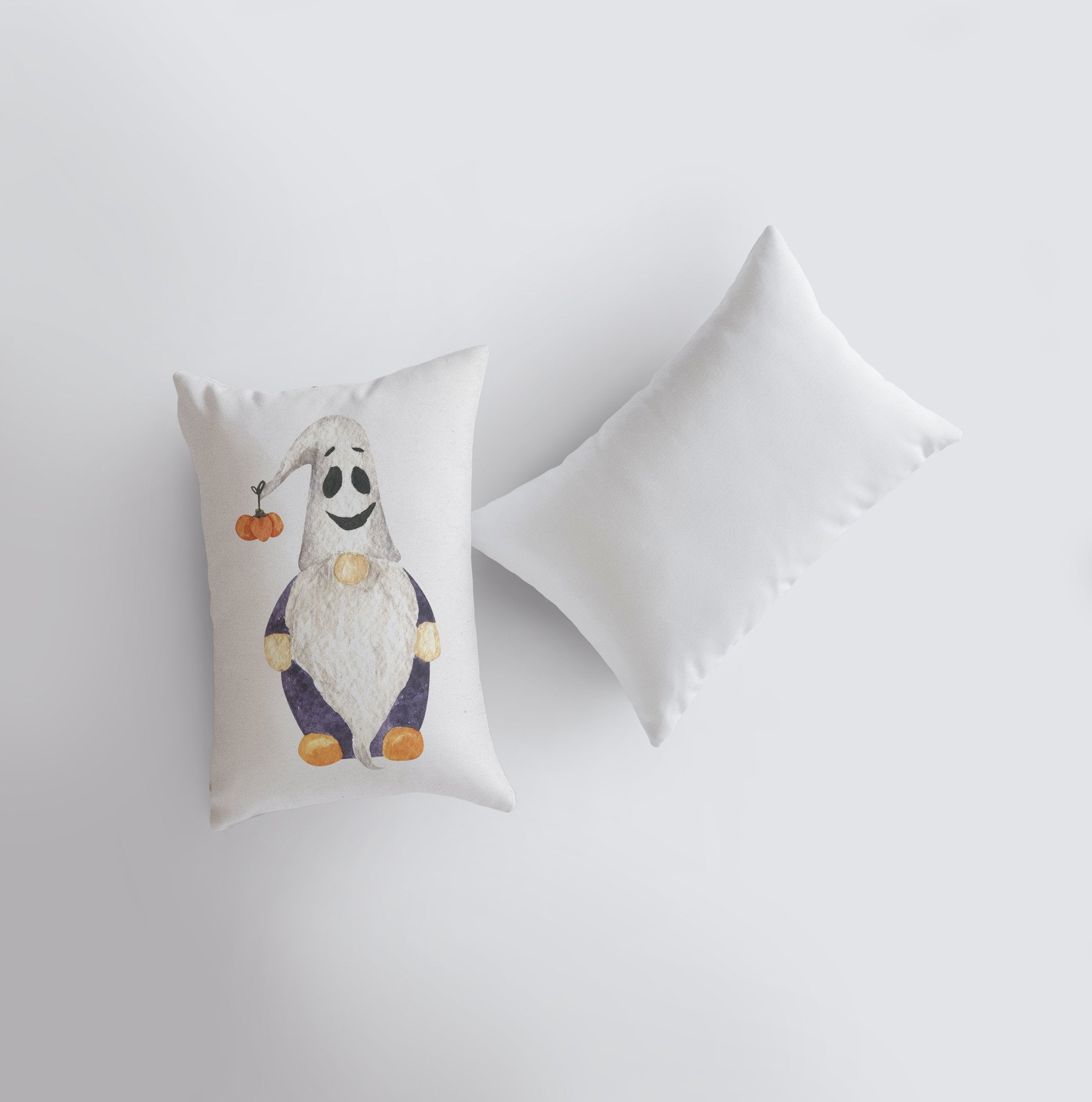 Halloween Gnome Ghost Hat Pillow cover featuring a whimsical gnome in a ghost hat on a white background, perfect for festive decor.