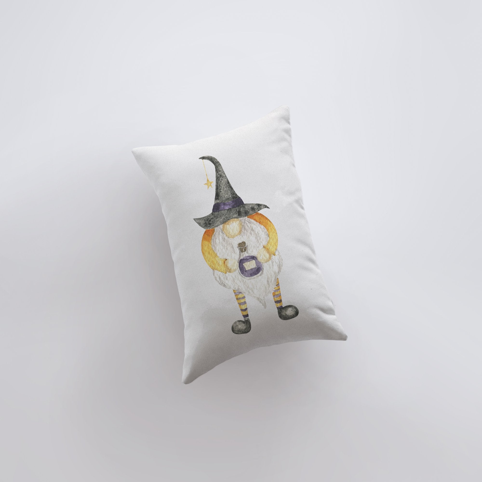 Halloween Gnome pillow featuring a whimsical gnome in a witch hat on a white background, perfect for seasonal home decor.