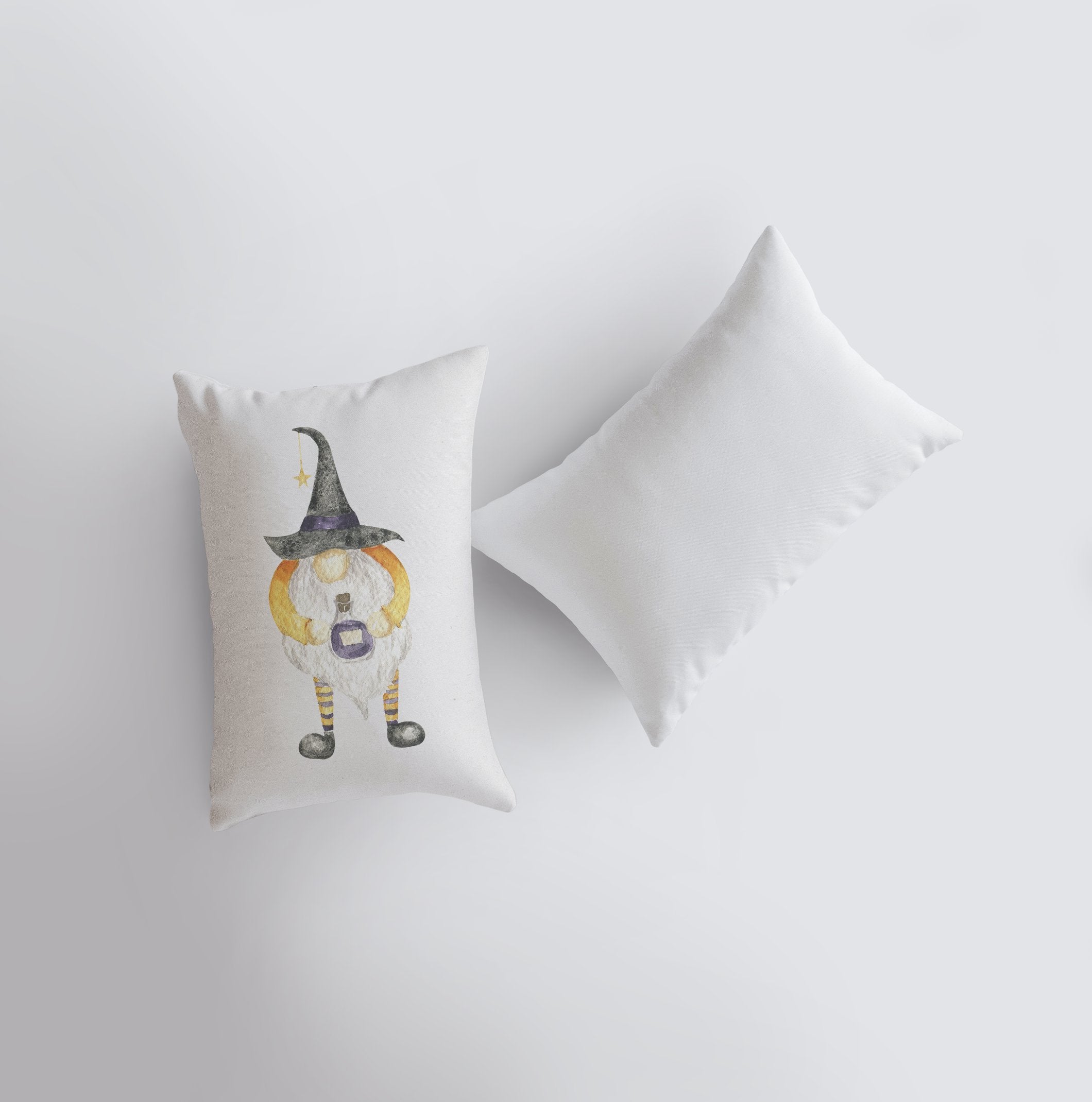 Halloween Gnome pillow featuring a whimsical gnome in a witch hat on a white background, perfect for seasonal home decor.