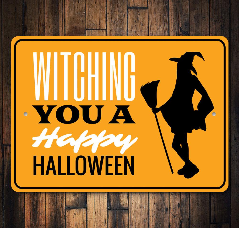 A spooky Halloween Greeting Sign made of aluminum, featuring eerie designs perfect for Halloween decorations, displayed in a festive setting.