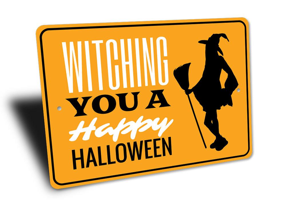 A spooky Halloween Greeting Sign made of aluminum, featuring eerie designs perfect for Halloween decorations, displayed in a festive setting.