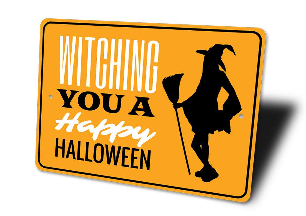 A spooky Halloween Greeting Sign made of aluminum, featuring eerie designs perfect for Halloween decorations, displayed in a festive setting.