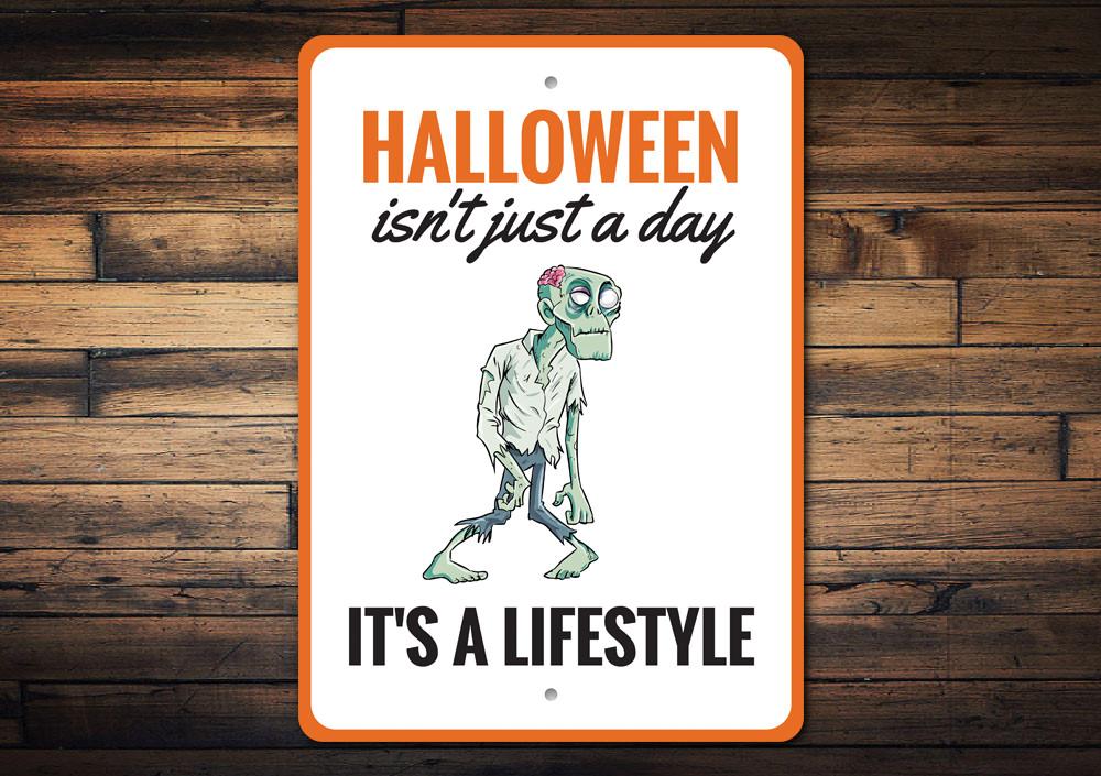 A spooky Halloween Lifestyle Sign made of aluminum, featuring eerie designs perfect for Halloween decorations.