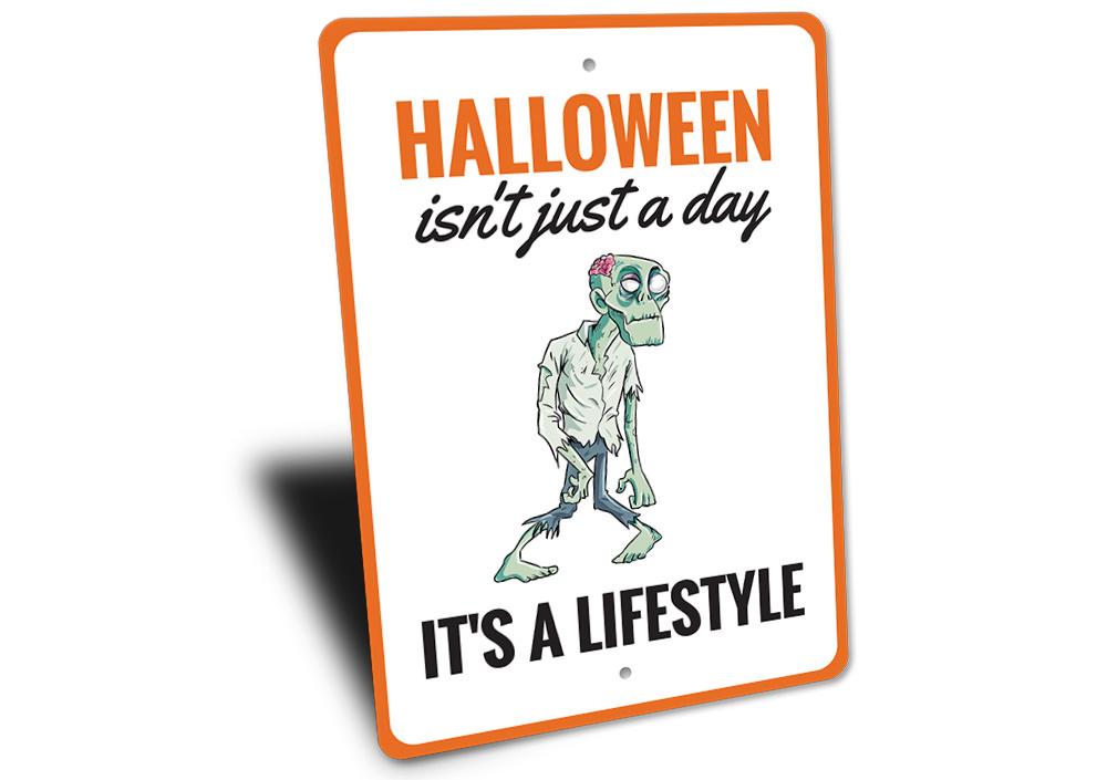 A spooky Halloween Lifestyle Sign made of aluminum, featuring eerie designs perfect for Halloween decorations.