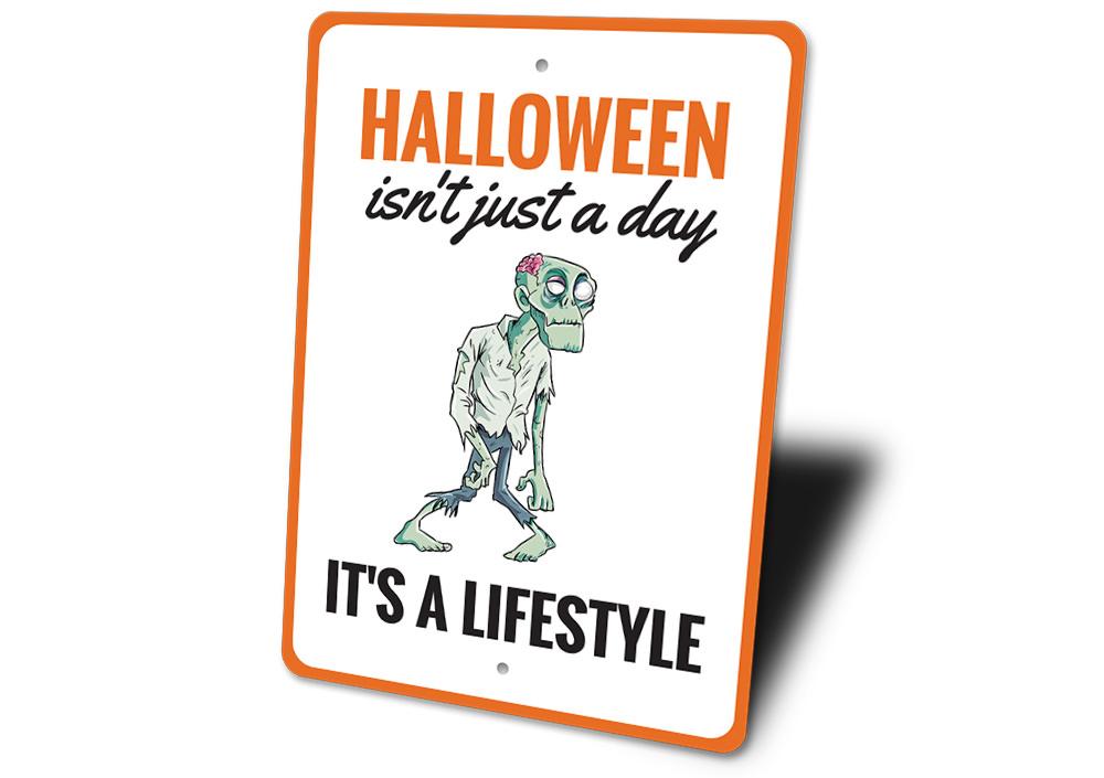 A spooky Halloween Lifestyle Sign made of aluminum, featuring eerie designs perfect for Halloween decorations.