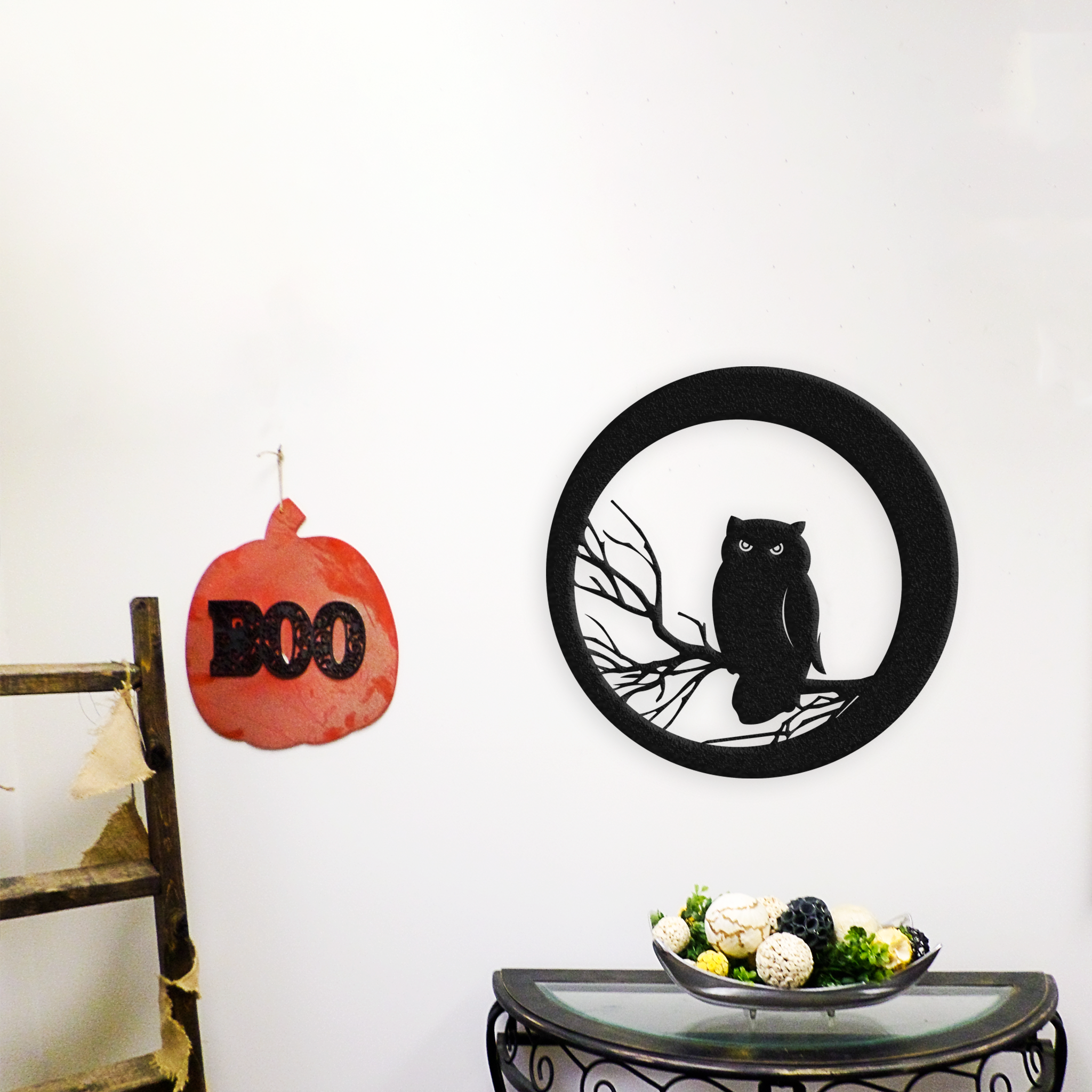 Halloween Owl metal wall art featuring intricate design and a low gloss finish, perfect for seasonal decor.