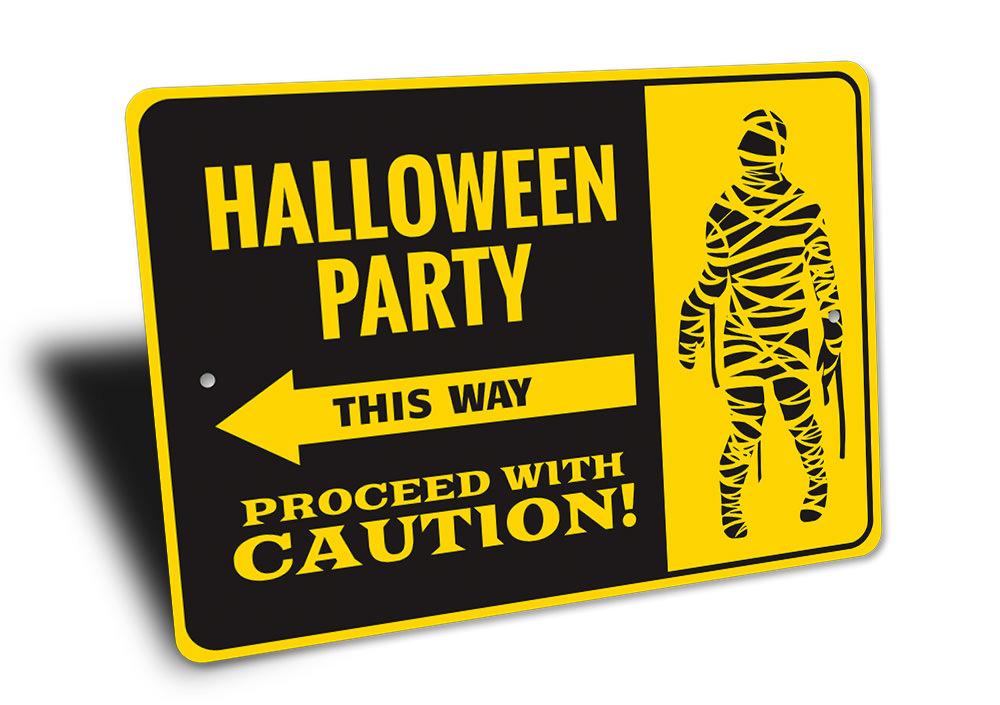 A spooky Halloween Party This Way Sign made of aluminum, featuring eerie graphics and customizable text, perfect for Halloween decorations.