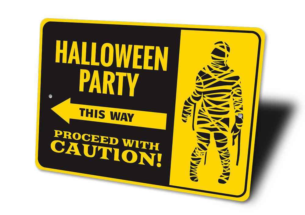 A spooky Halloween Party This Way Sign made of aluminum, featuring eerie graphics and customizable text, perfect for Halloween decorations.