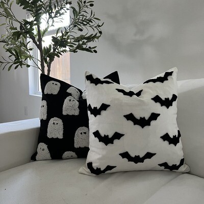 Halloween throw pillow cover in neutral tones, measuring 20x20 inches, featuring an original spooky design by Delmar Decor.