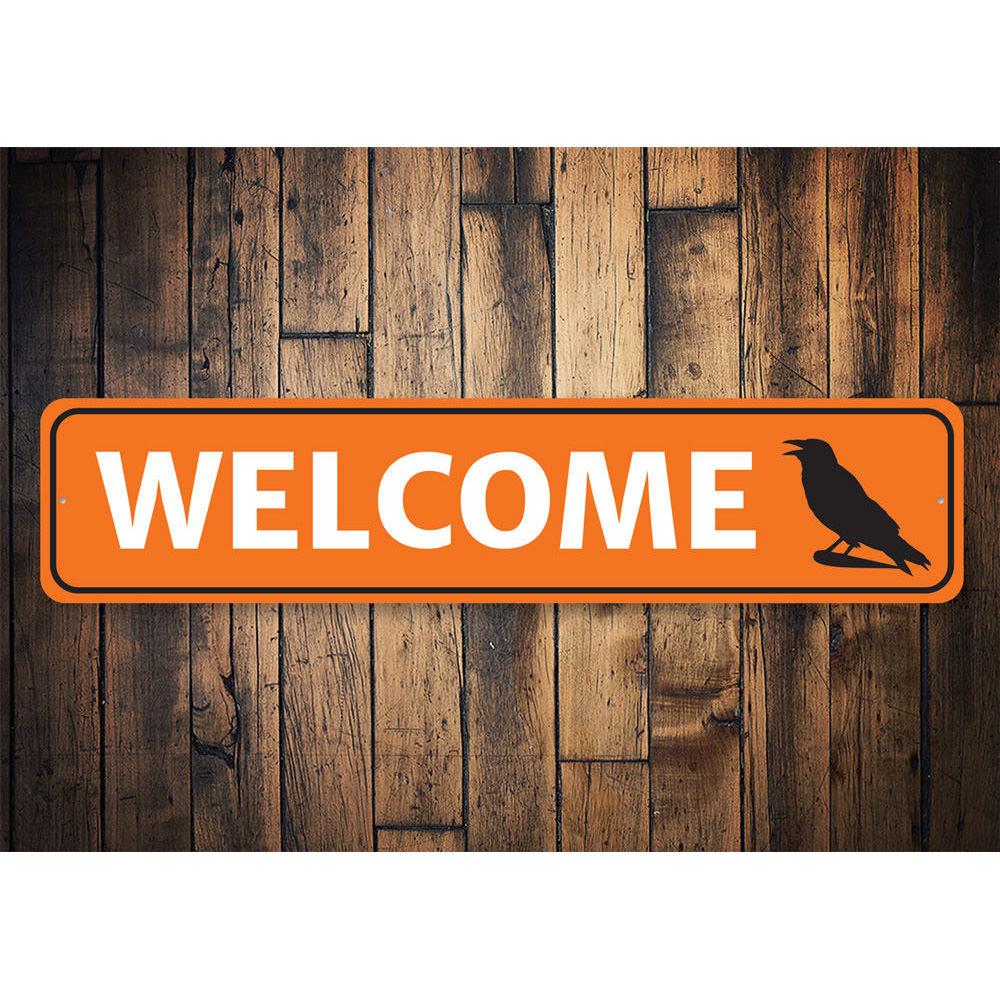 A spooky Halloween Welcome Sign made of durable aluminum, featuring eerie designs perfect for Halloween decor.