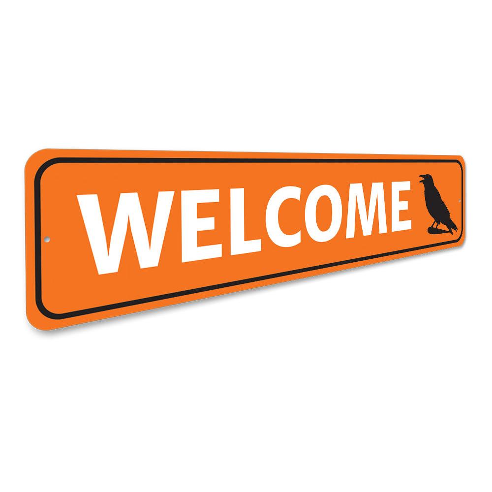 A spooky Halloween Welcome Sign made of durable aluminum, featuring eerie designs perfect for Halloween decor.