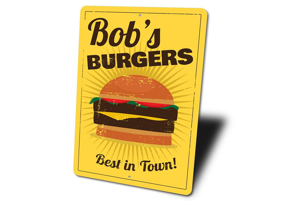 A vibrant aluminum Hamburger Sign, customizable for restaurants and cafes, showcasing a playful design.