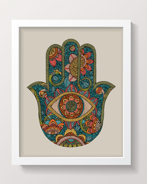 A beautifully printed Hamsa artwork on 8x10 photographic paper, showcasing intricate details and vibrant colors.