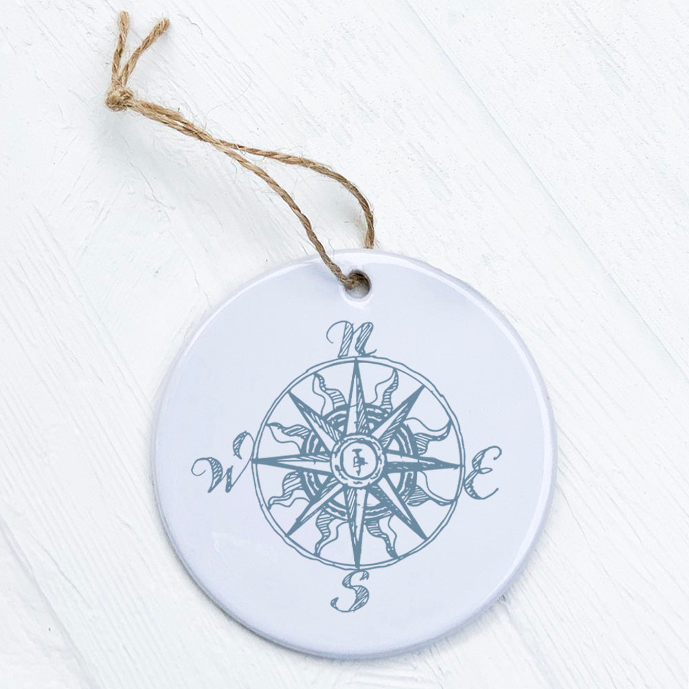 Hand Drawn Compass ornament made of high-quality porcelain, featuring a unique design with a smooth gloss finish.