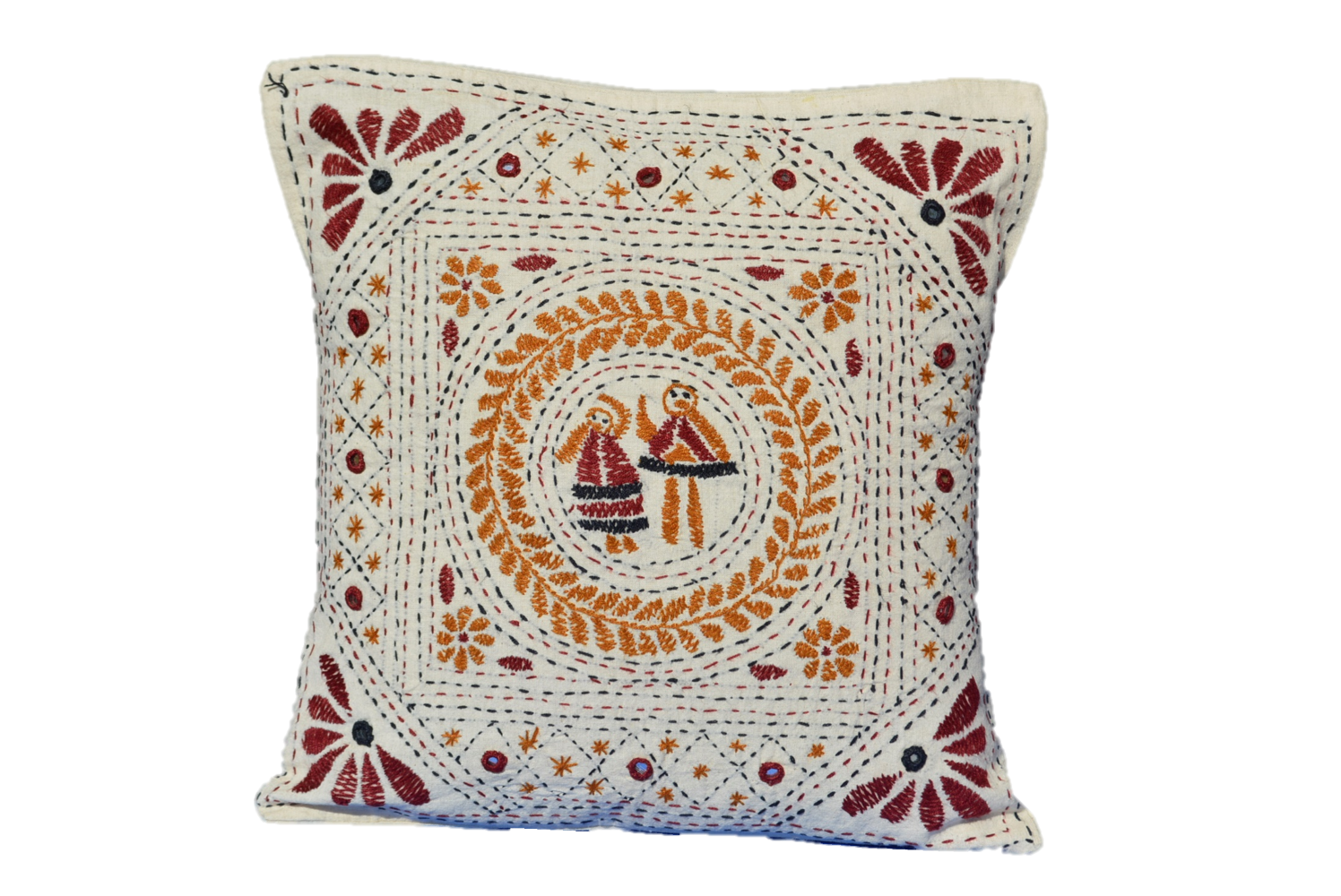 Hand embroidered decorative pillow featuring mirror appliqué and vibrant colors, showcasing traditional Indian textile art.