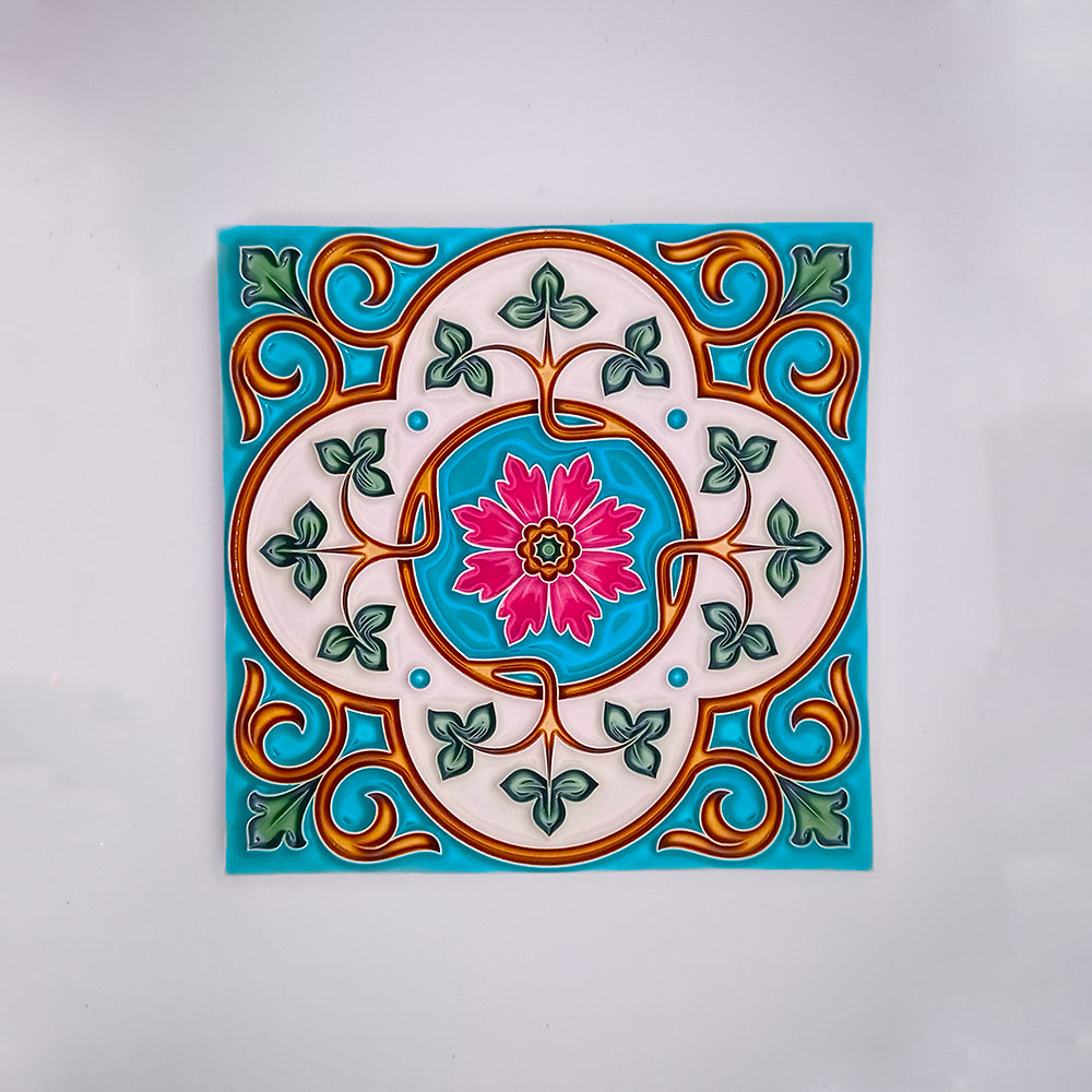 A collection of hand-made painted Portuguese ceramic tiles featuring vibrant colors and intricate designs, perfect for kitchen decor.