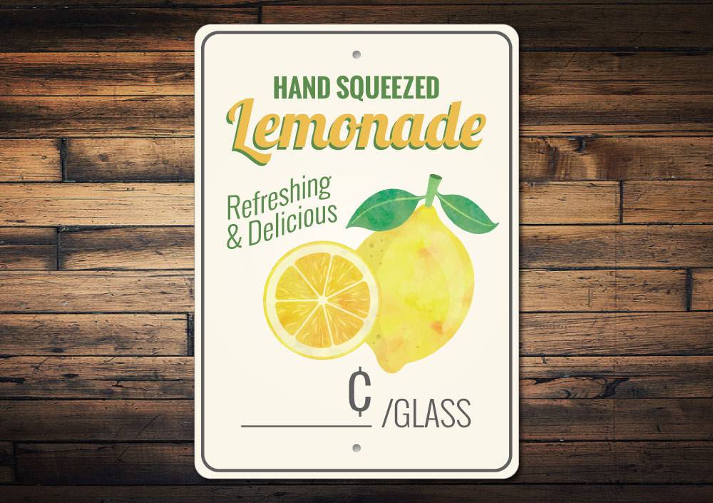 Hand Squeezed Lemonade Sign made of durable aluminum, featuring vibrant colors and customizable text, perfect for cafes and restaurants.