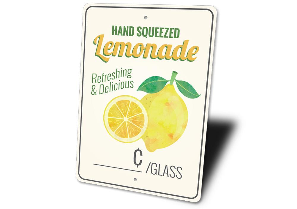 Hand Squeezed Lemonade Sign made of durable aluminum, featuring vibrant colors and customizable text, perfect for cafes and restaurants.