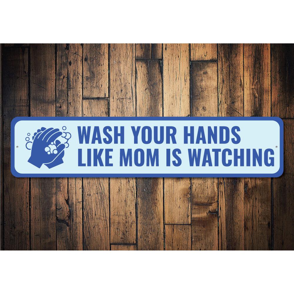 A decorative Hand Washing Sign made from durable aluminum, featuring customizable text and pre-drilled holes for easy mounting.