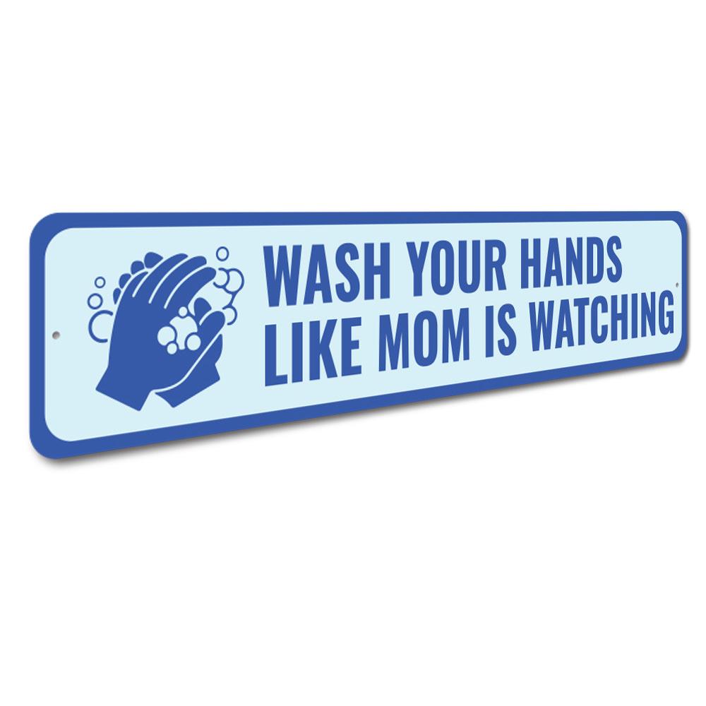 A decorative Hand Washing Sign made from durable aluminum, featuring customizable text and pre-drilled holes for easy mounting.