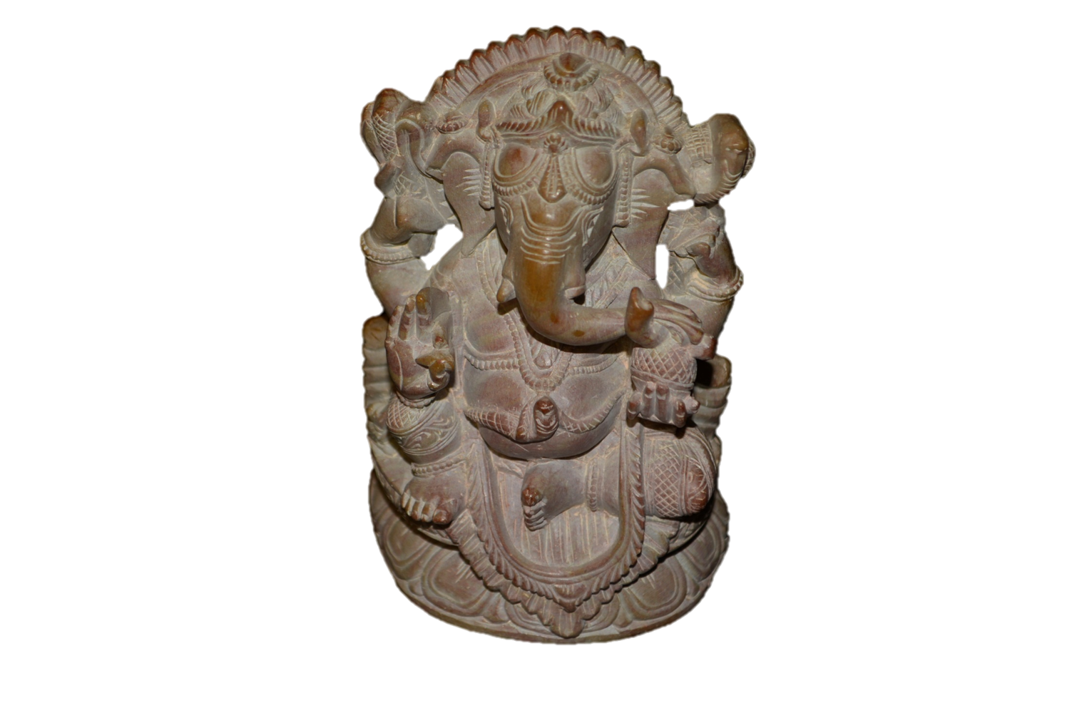 Handcrafted soapstone sculpture of God Ganesha with elephant head, showcasing intricate details and a matte finish.