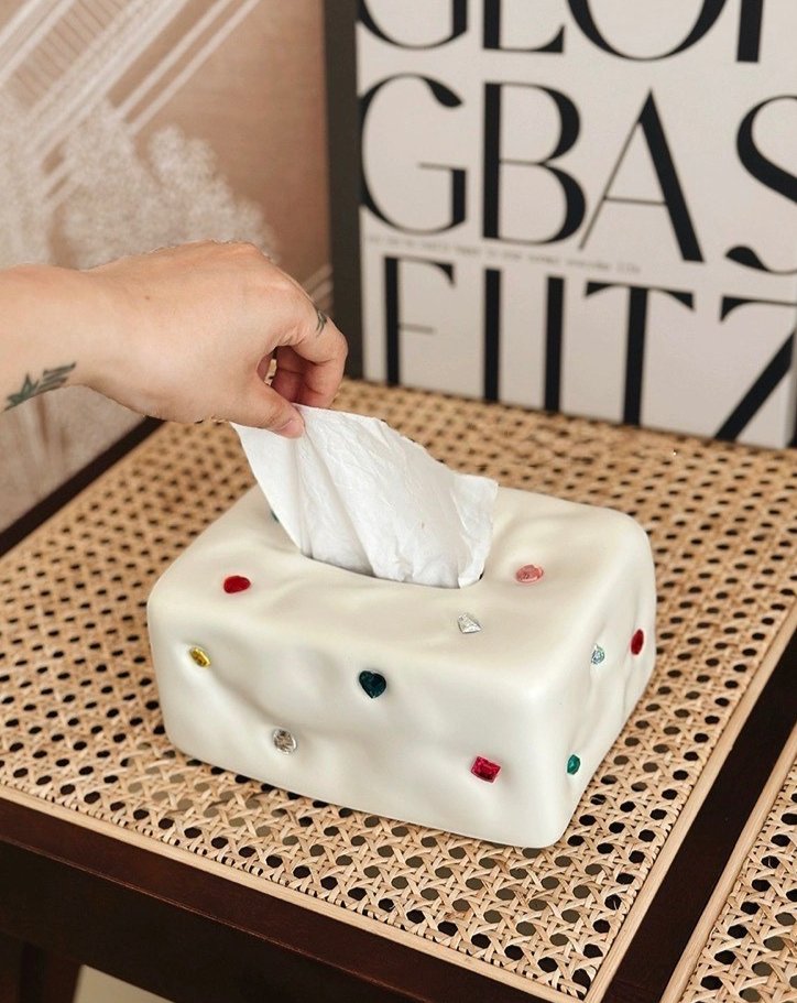 Handmade Ceramic Gemstone Tissue Box Cover showcasing unique design and vibrant colors, perfect for modern home decor.