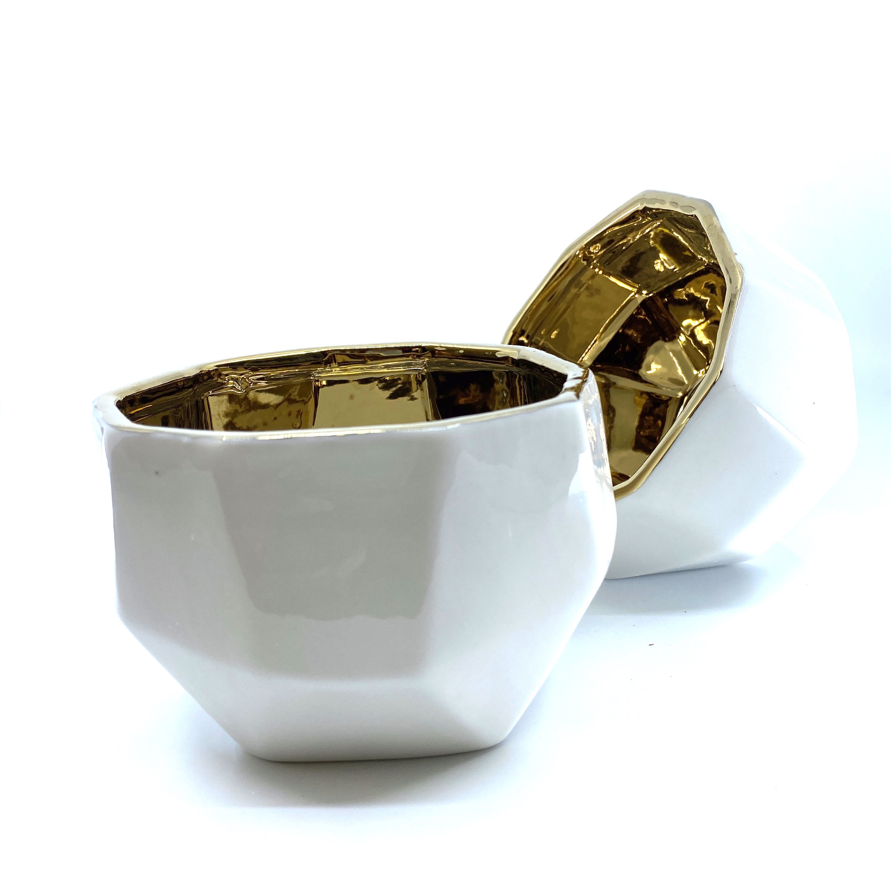 Handmade Elegant White & Gold Ceramic Planter with unique facets and gold interior, perfect for plants or decorative storage.