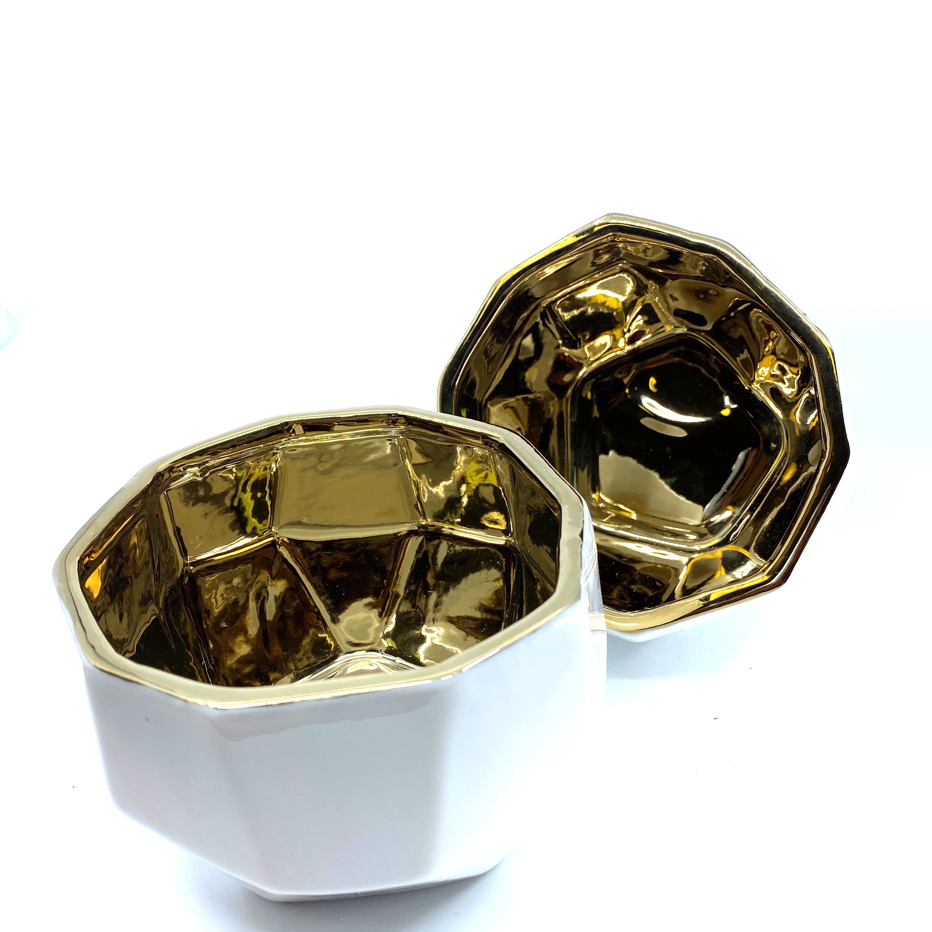 Handmade Elegant White & Gold Ceramic Planter with unique facets and gold interior, perfect for plants or decorative storage.