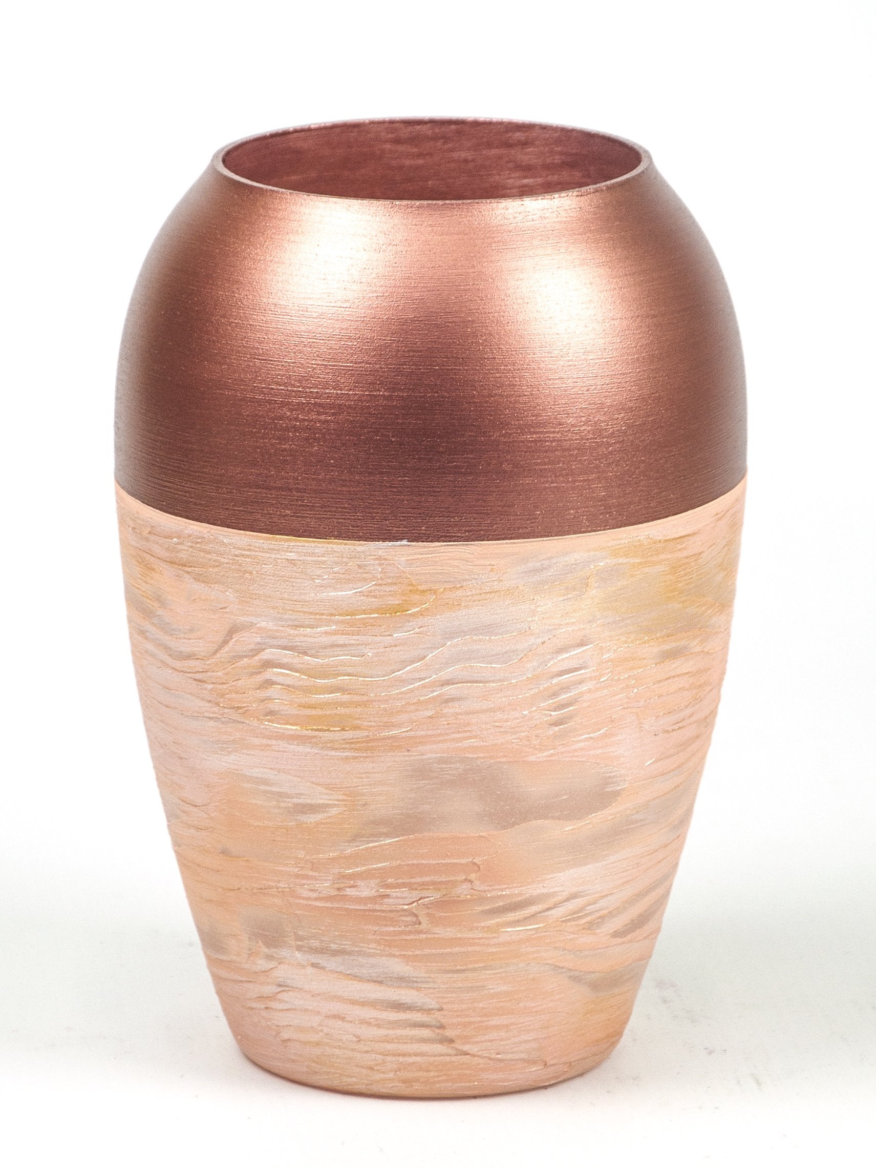 A beautifully hand-painted glass bud vase featuring intricate copper art designs, showcasing unique patterns and colors.