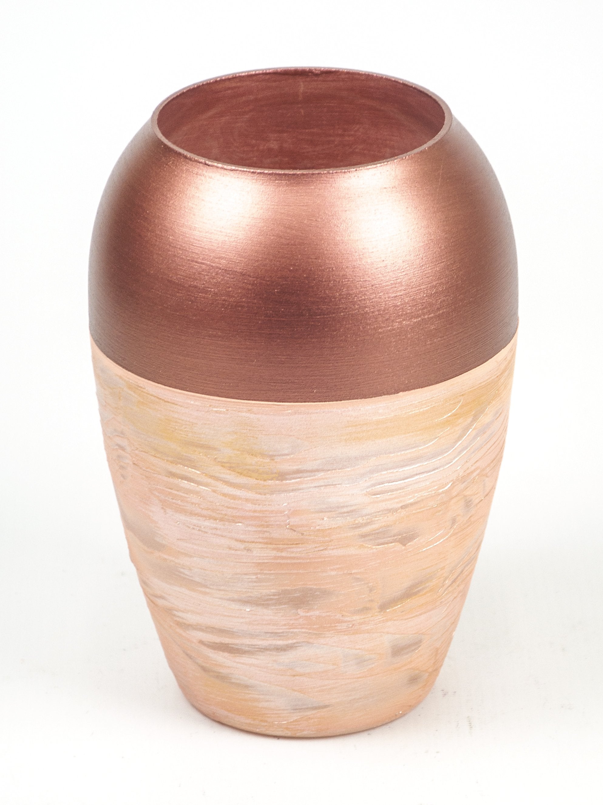 A beautifully hand-painted glass bud vase featuring intricate copper art designs, showcasing unique patterns and colors.