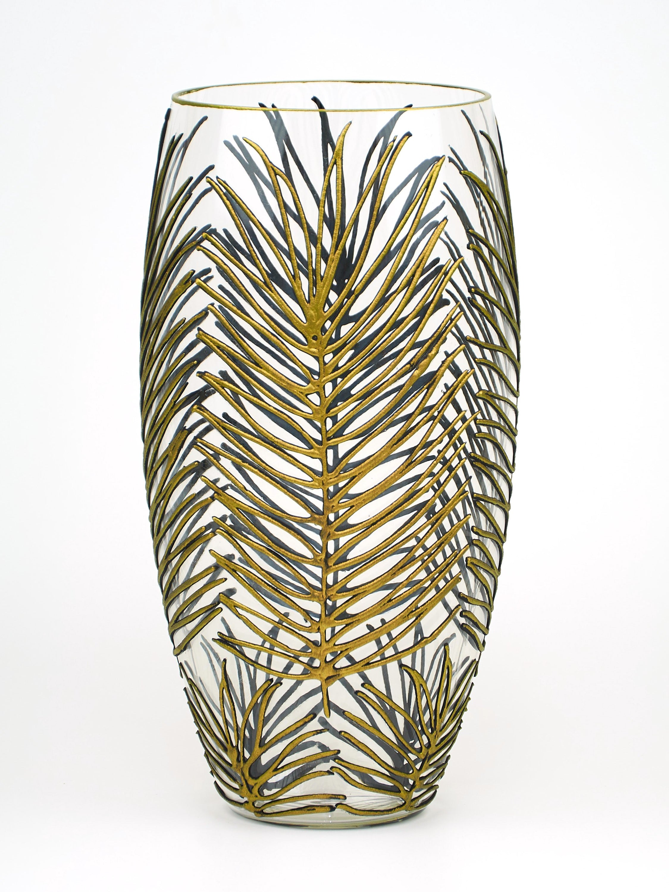 A beautifully hand-painted glass vase featuring unique floral and geometric designs, perfect for displaying flowers in any interior setting.