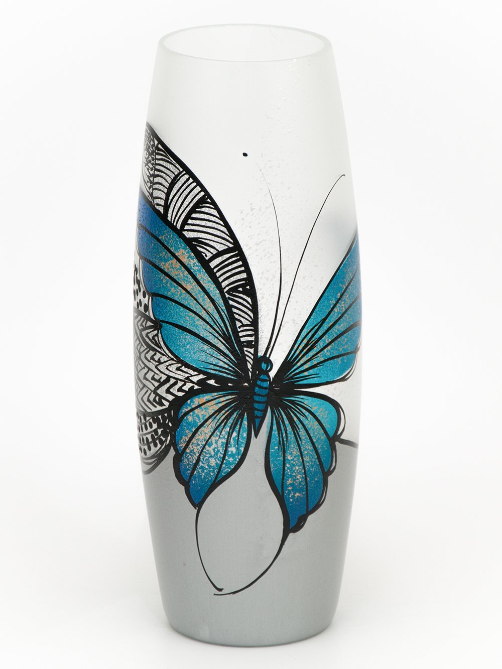 A beautifully hand-painted glass vase in an oval shape featuring butterfly designs, showcasing vibrant colors and intricate patterns.