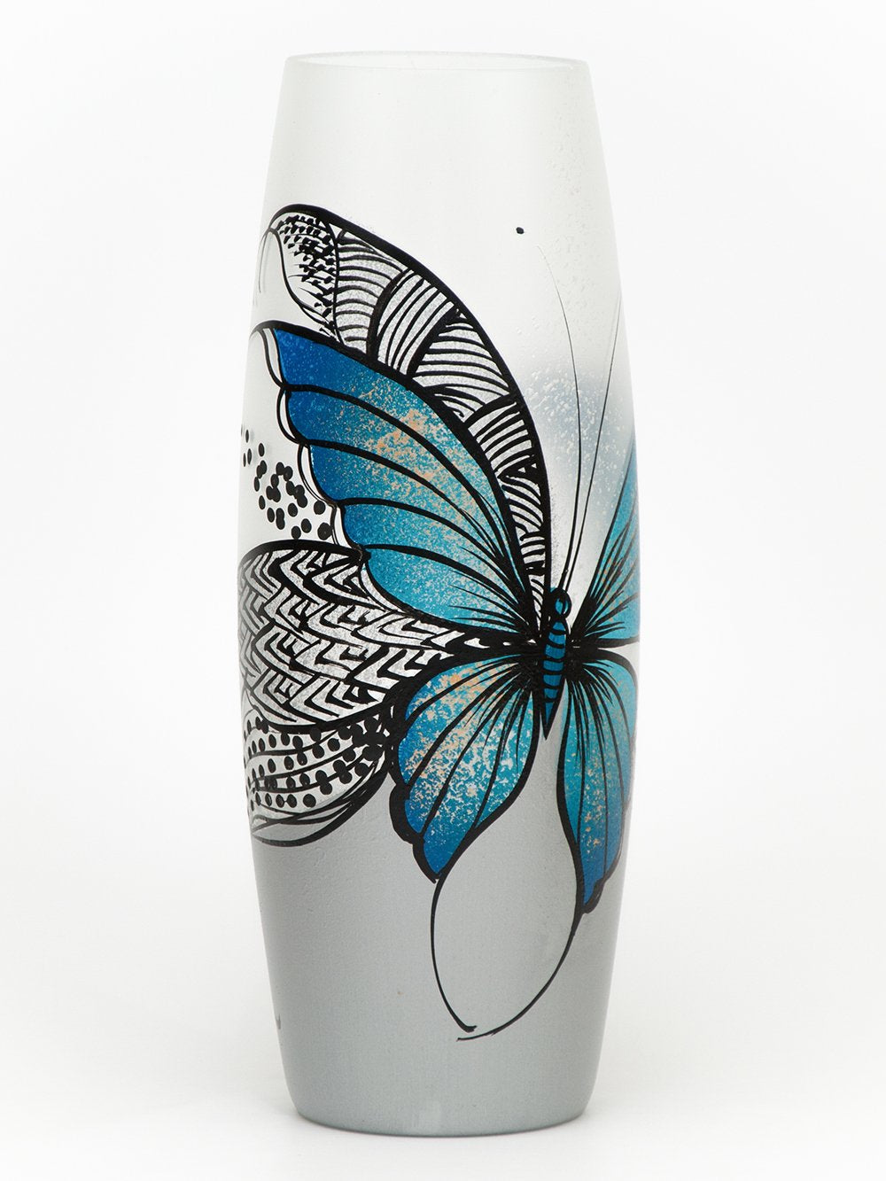 A beautifully hand-painted glass vase in an oval shape featuring butterfly designs, showcasing vibrant colors and intricate patterns.