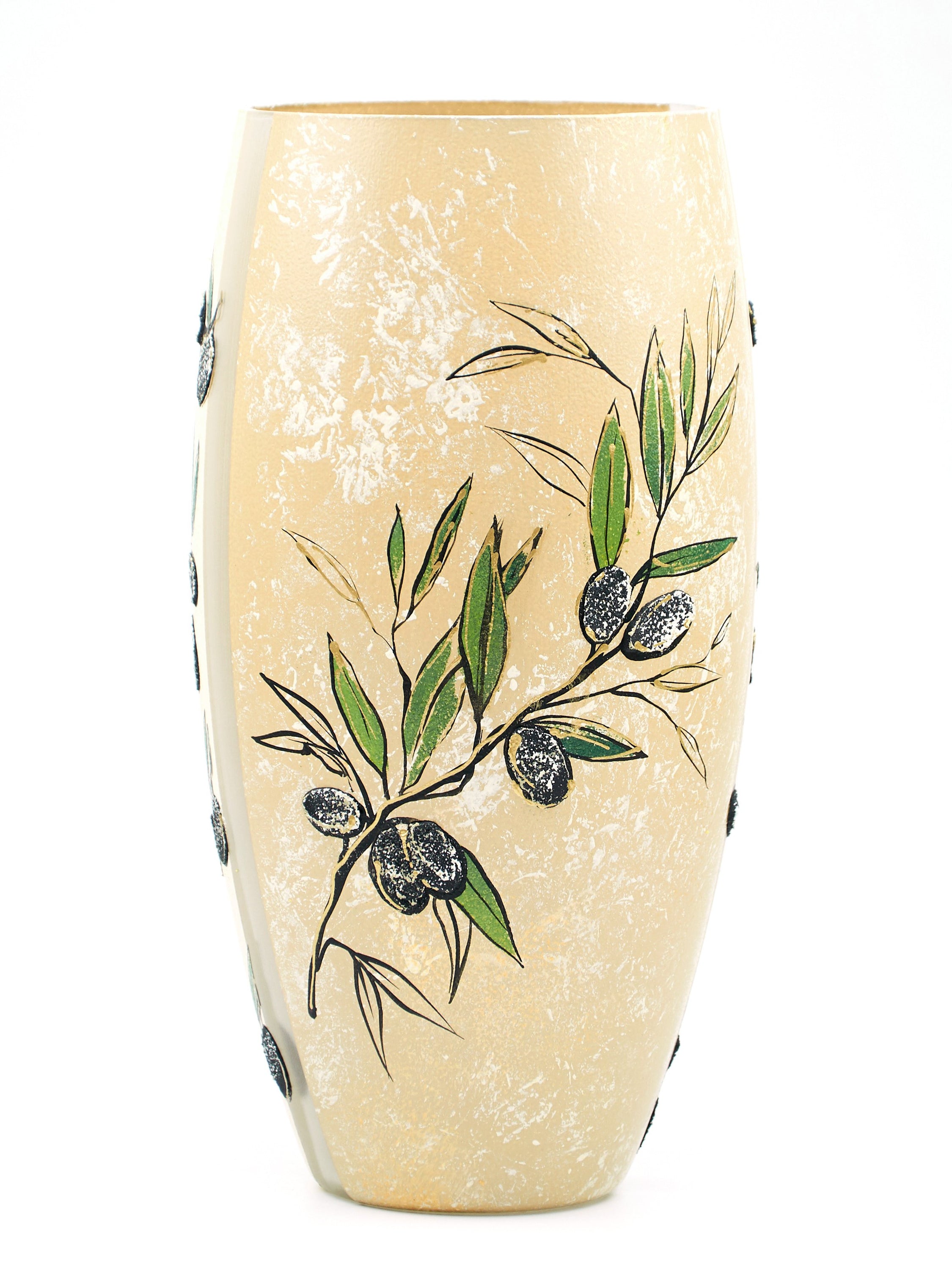 A beautifully hand-painted glass vase featuring unique floral and geometric designs, perfect for displaying flowers.