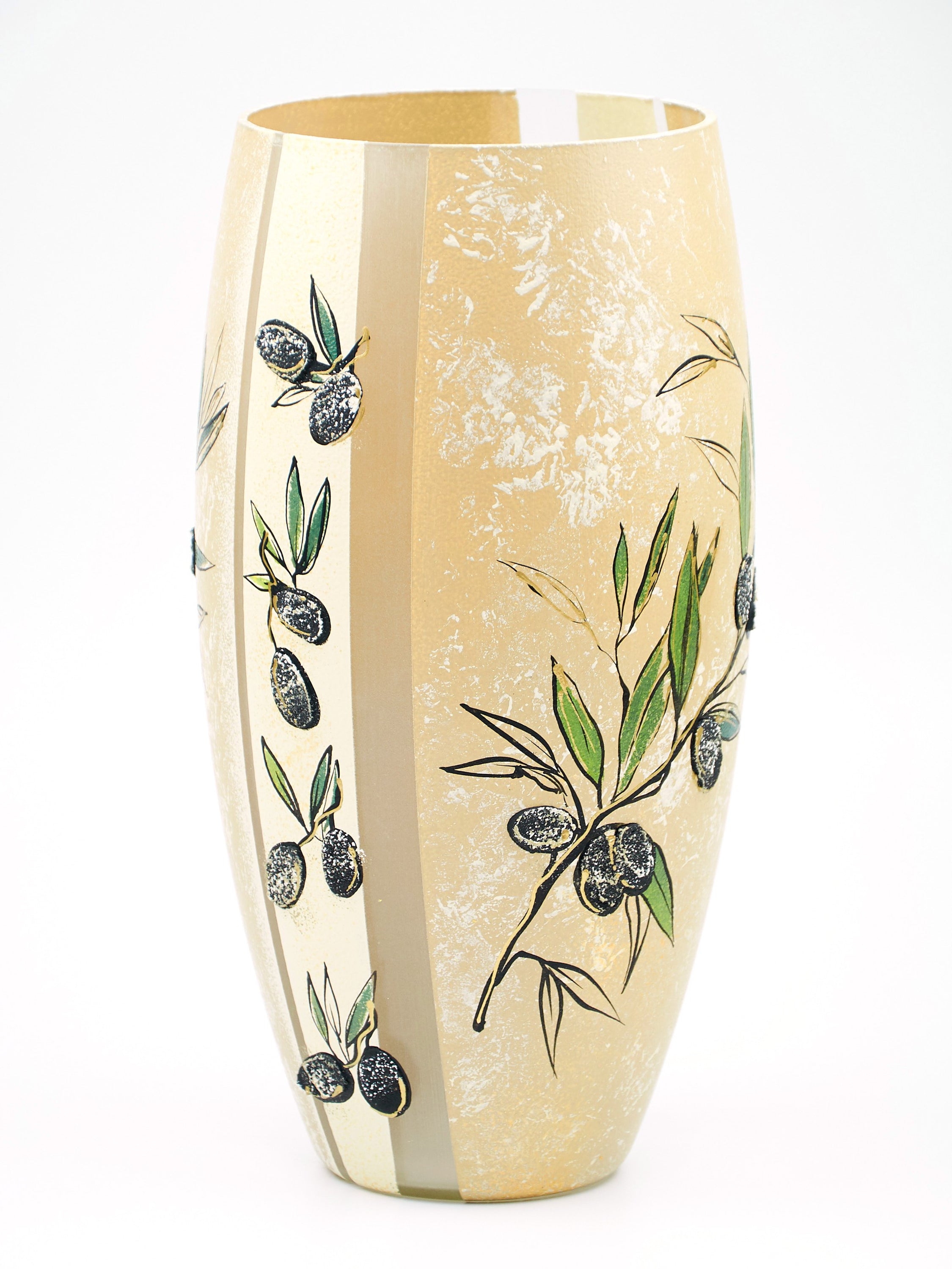 A beautifully hand-painted glass vase featuring unique floral and geometric designs, perfect for displaying flowers.