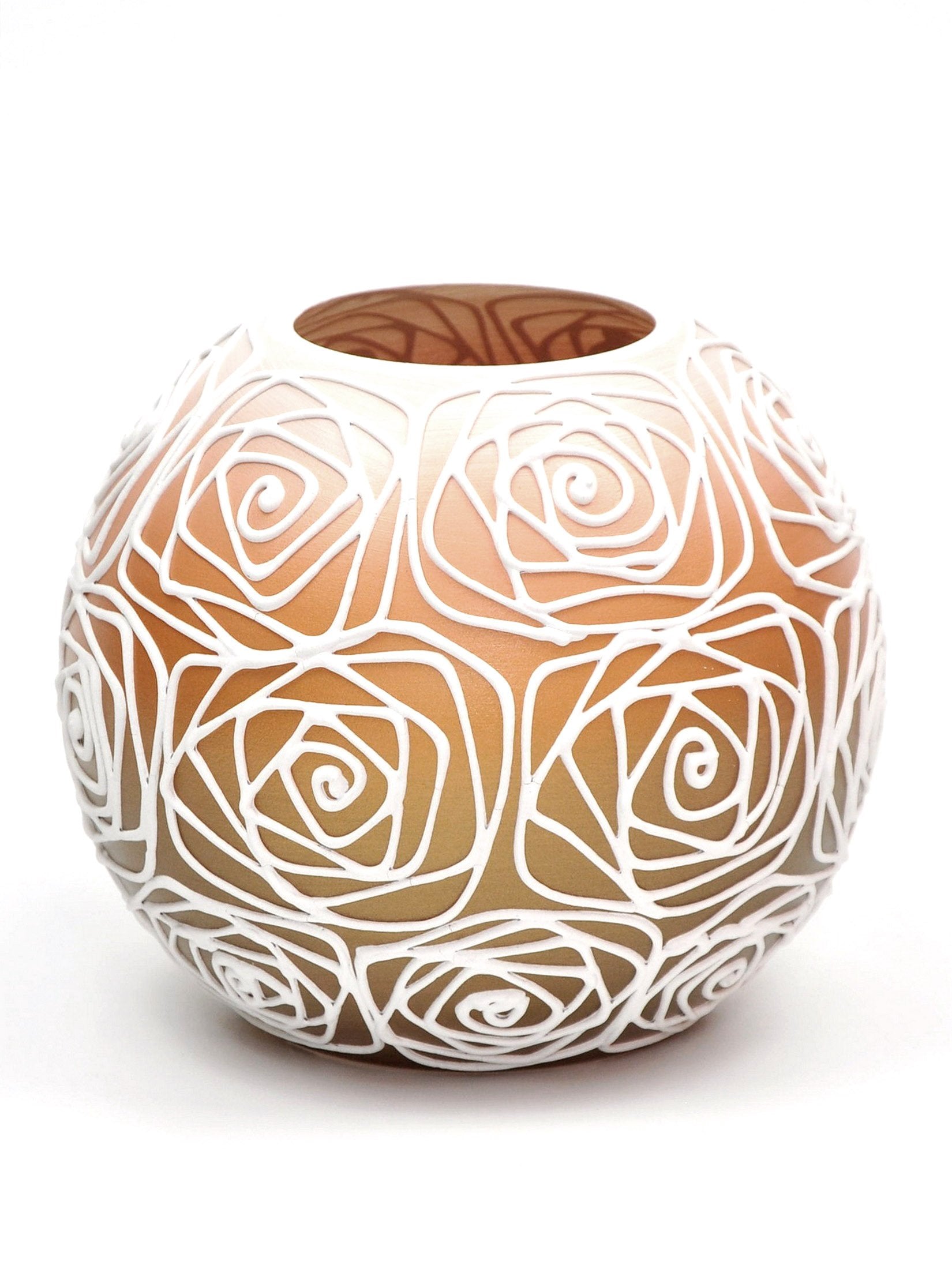 A beautifully hand-painted orange glass vase featuring unique floral and geometric designs, perfect for displaying flowers.