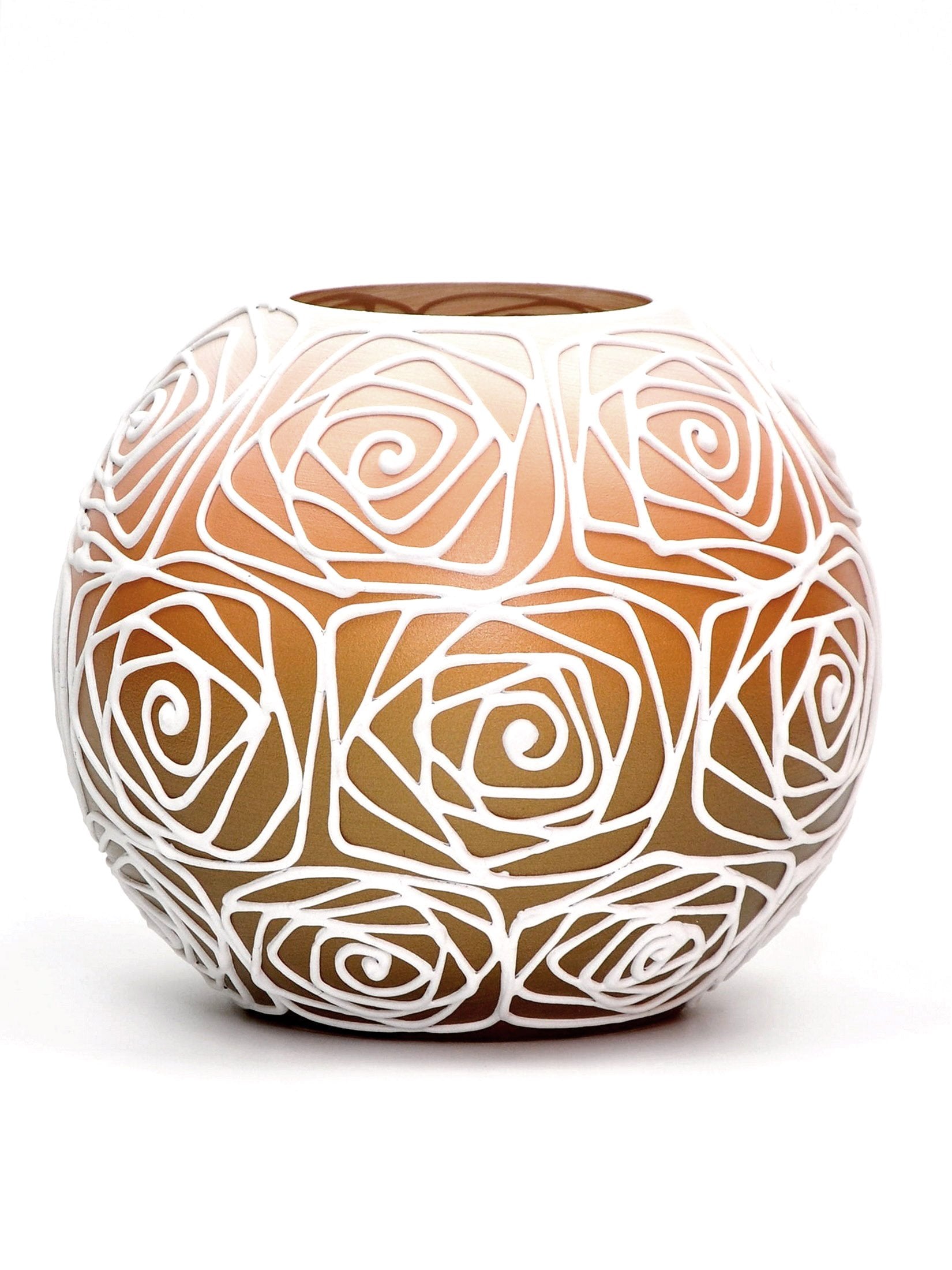 A beautifully hand-painted orange glass vase featuring unique floral and geometric designs, perfect for displaying flowers.