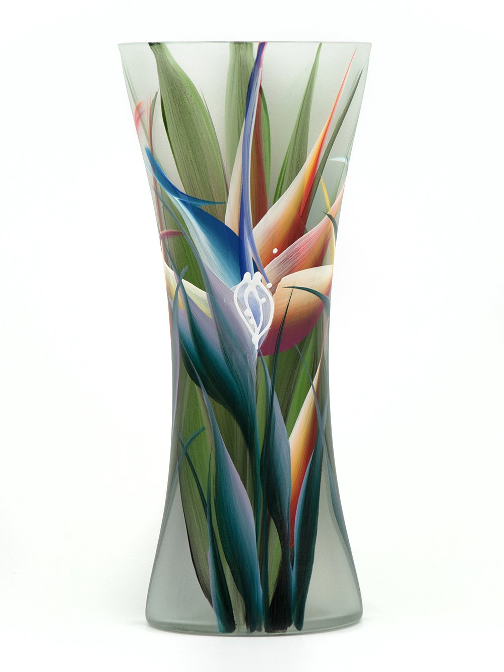 A beautifully hand-painted glass vase featuring intricate floral and geometric designs, showcasing vibrant colors and unique artistry.